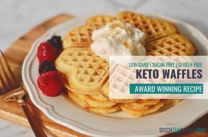 Keto Copycat Recipes showing keto waffle with whipped cream and berries