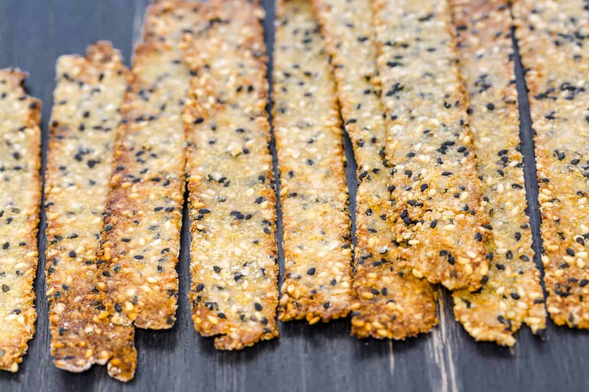 cracker sticks baked on a bread board