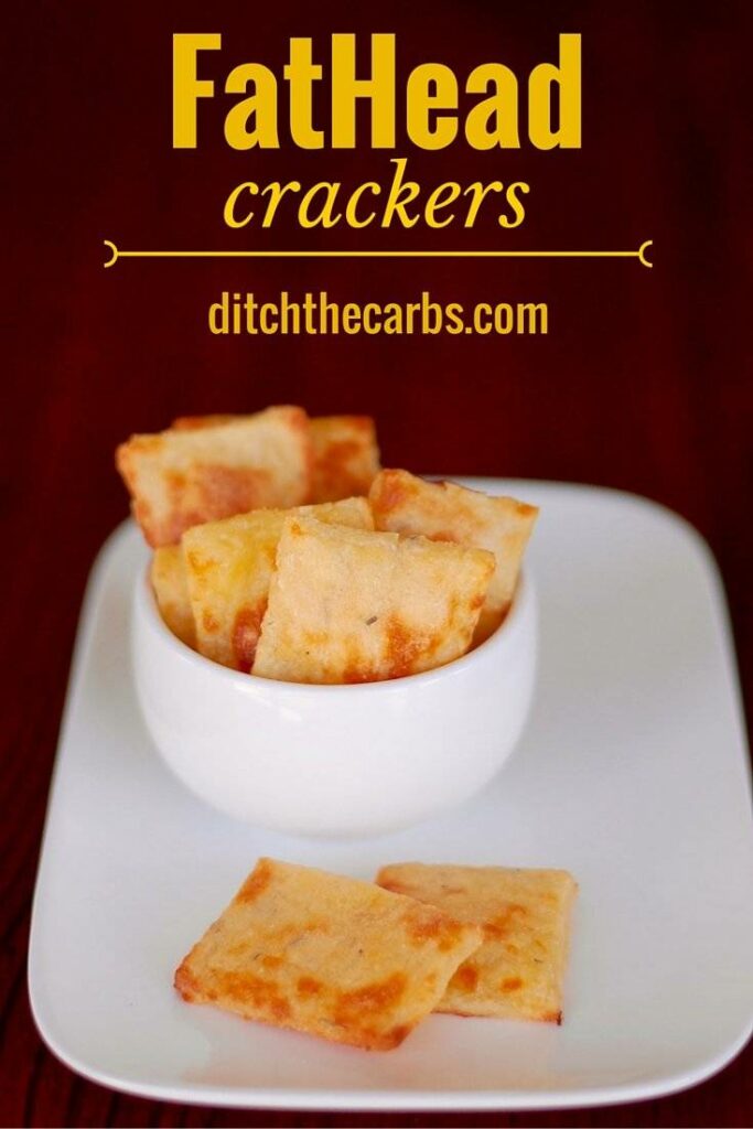 Fat head crackers served in a white dish and dark table