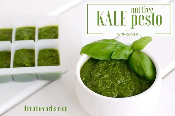 Kale pesto served in a white bowl and ice cube trays