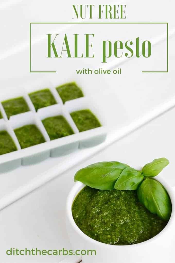 Kale pesto poured into ice cube trays