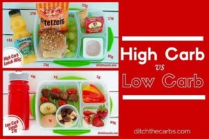 One high carb lunchbox one low-carb lunchbox and the carb values