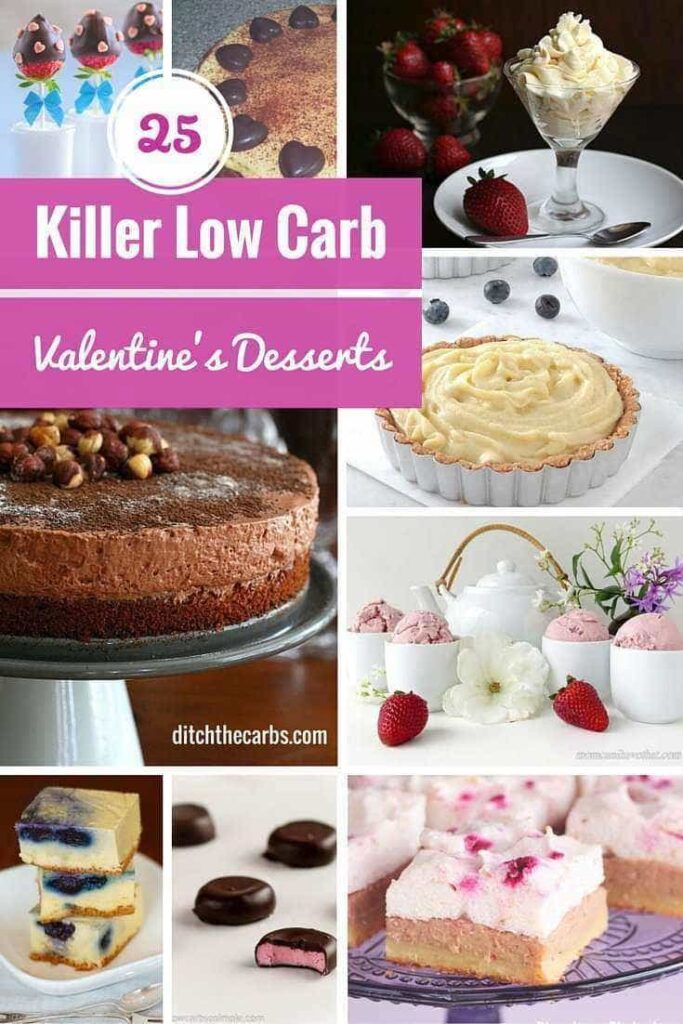 Collage of low-carb Valentine's desserts and cakes