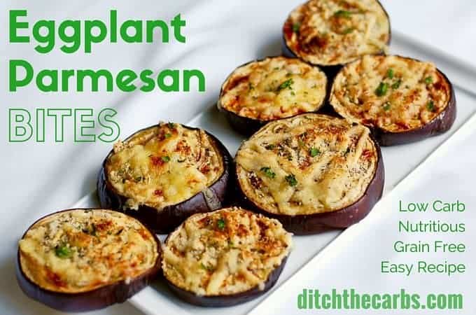 Low carb eggplant parmesan bites on a white plate for low-carb vegetarian recipes roundup