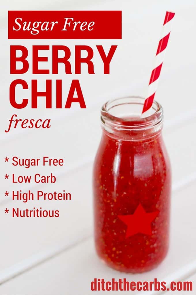Sugar Free Berry Chia in a glass bottle is a simple low-carb vegetarian recipes