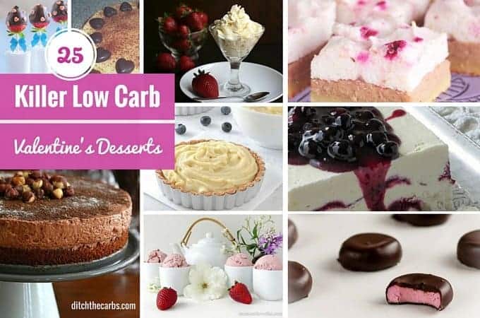 Collage of low-carb Valentine\'s desserts and cakes