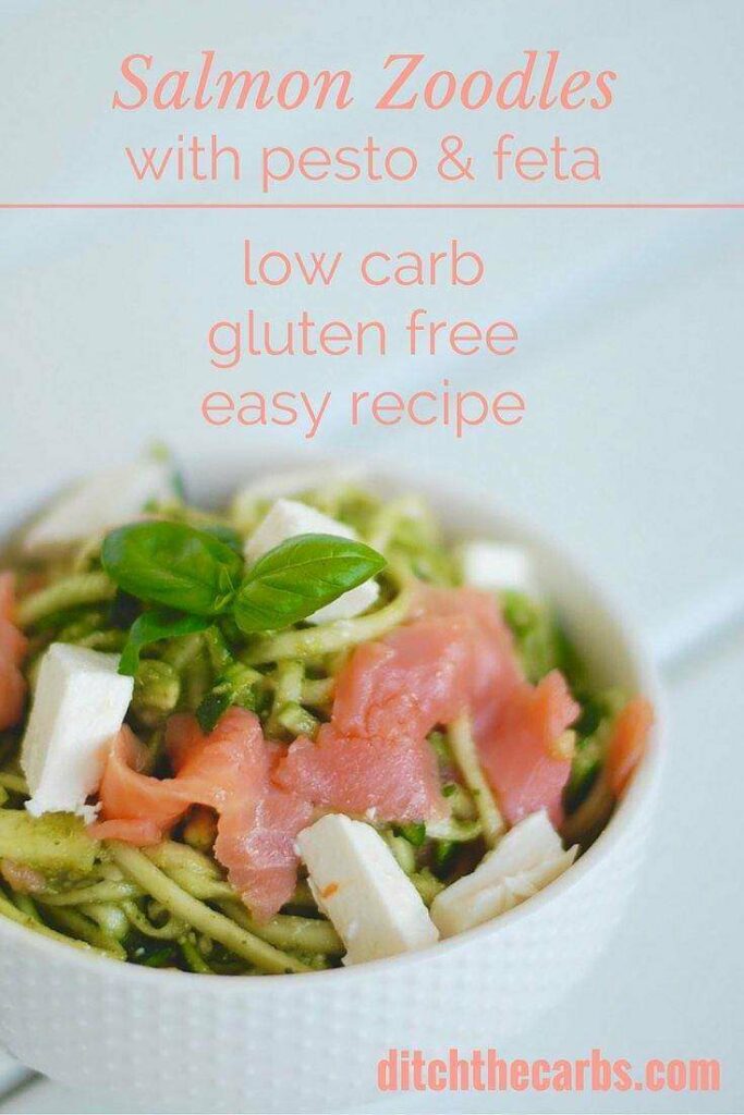 Healthy salmon zoodles with pesto and feta. Clean eating at its best. Low carb and gluten free. | ditchthecarbs.com