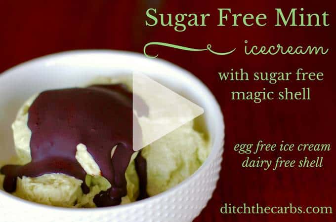 A bowl of sugar-free mint ice cream with a sugar-free magic shell poured over