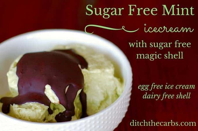 Sugar free mint ice cream with a sugar free magic shell in a white bowl