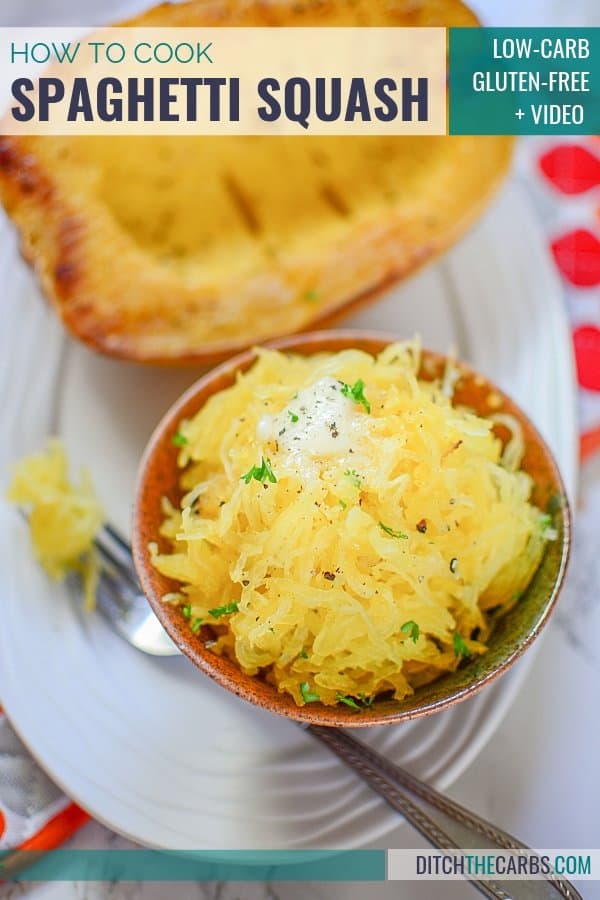 spaghetti squash in a brown bowl with a forkful of spaghetti squash next to it for low-carb vegetarian recipes