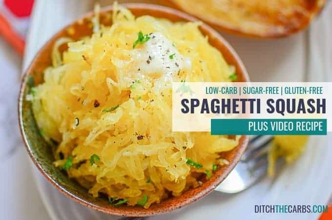 Spaghetti Squash Recipe for low-carb thanksgiving in a brown ceramic dish