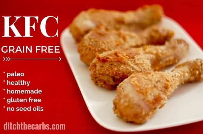 keto copycat recipe for fried chicken on a white plate with red background