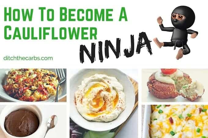 A collage of cauliflower recipes and a cartoon ninja character