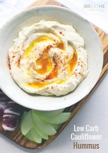 cauliflower hummus with olive oil drizzled on top