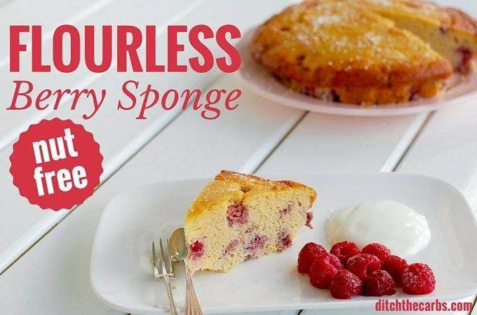 sliced flourless berry sponge on a white plate with a silver fork