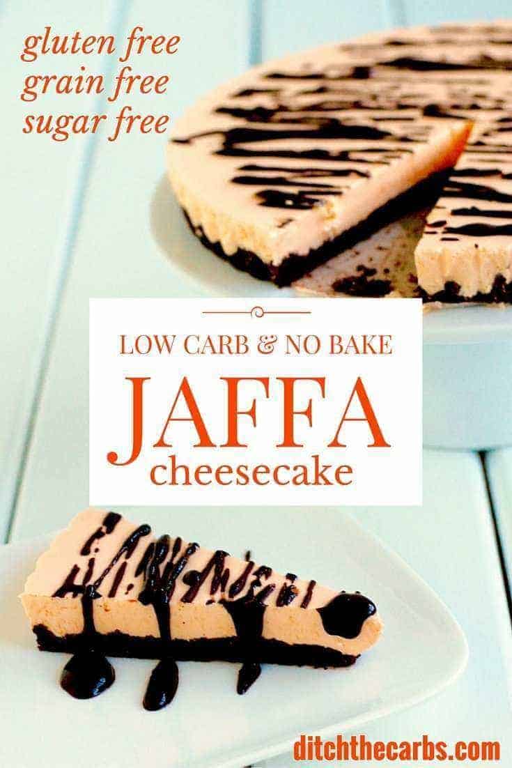 Low carb no bake jaffa cheesecake sliced on a white cake stand