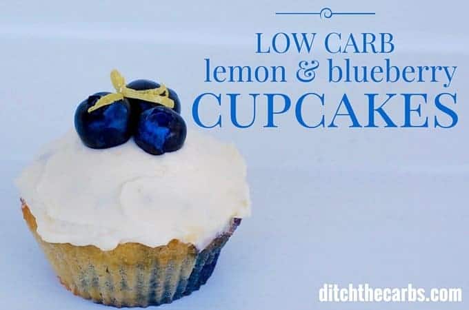 Beautiful and simple low carb lemon and blueberry cupcakes - that are also sugar free, nut free, gluten free, and grain free. | ditchthecarbs.com