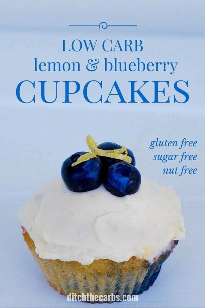 coconut flour recipe for low carb lemon and blueberry cupcakes served with frosting and a bluberry