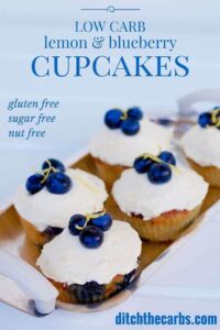 Beautiful and simple low carb lemon and blueberry cupcakes served on a silver tray