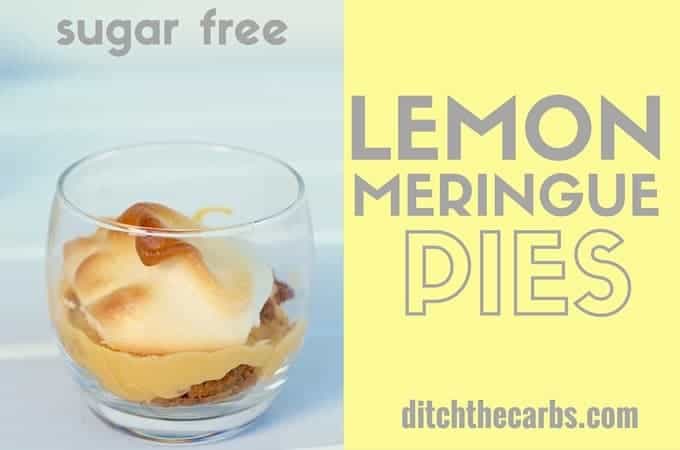 Glass tumbler with a single-serve of sugar-free and low carb lemon meringue pie