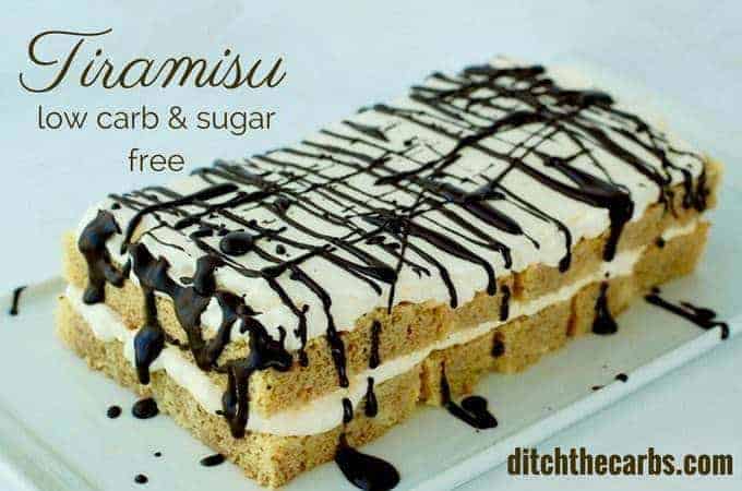 Sugar-free tiramisu drizzled with sugar-free melted chocolate