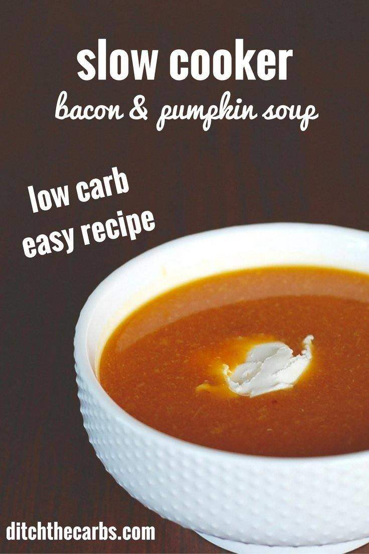 Slow cooker bacon and pumpkin soup served with sour cream