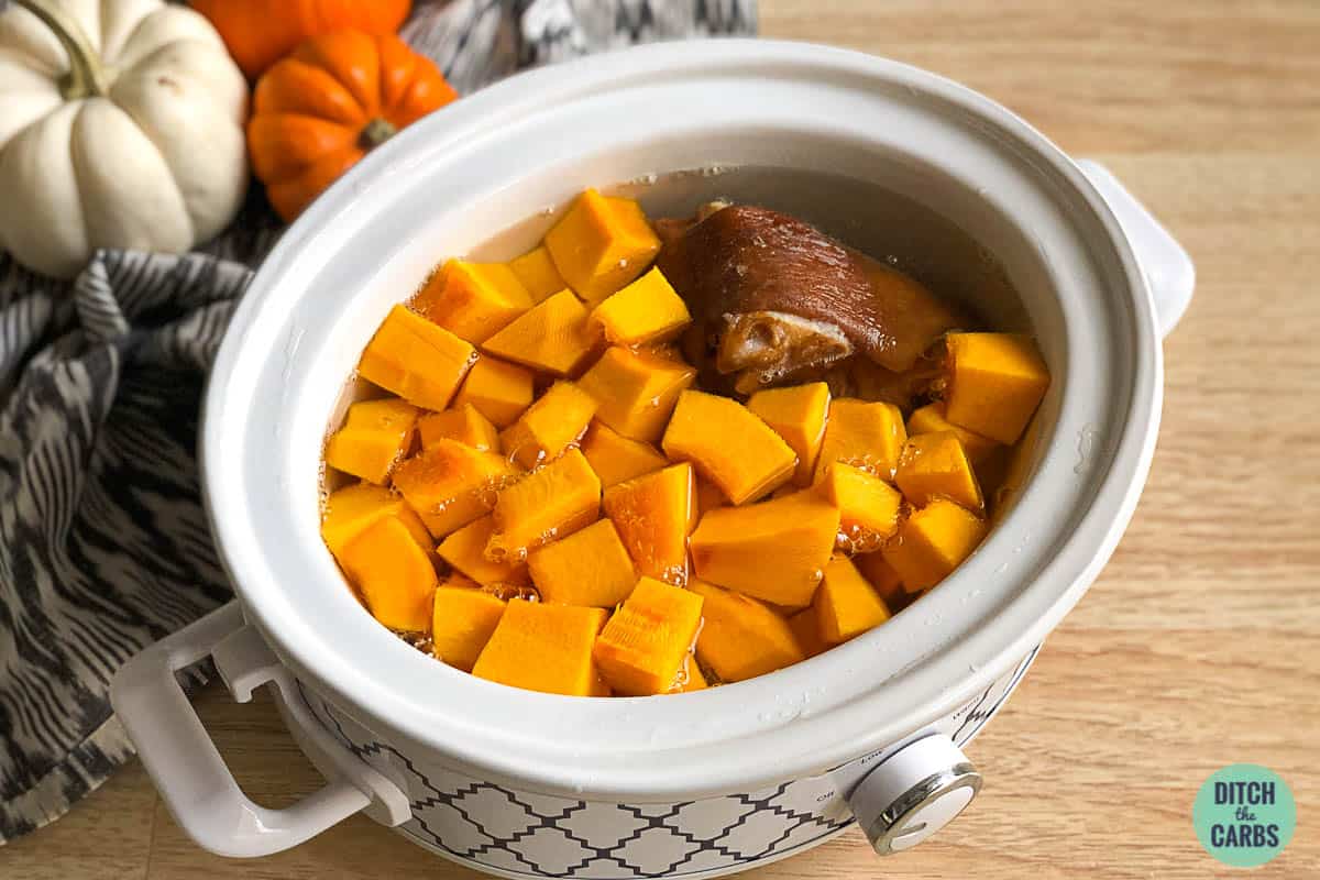pumpkin diced and bacon in a slow-cooker