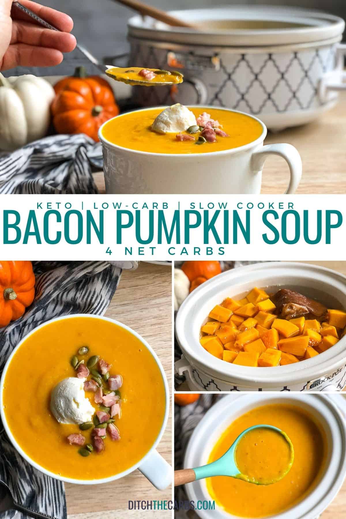 collage of slow-cooker bacon and pumpkin soup