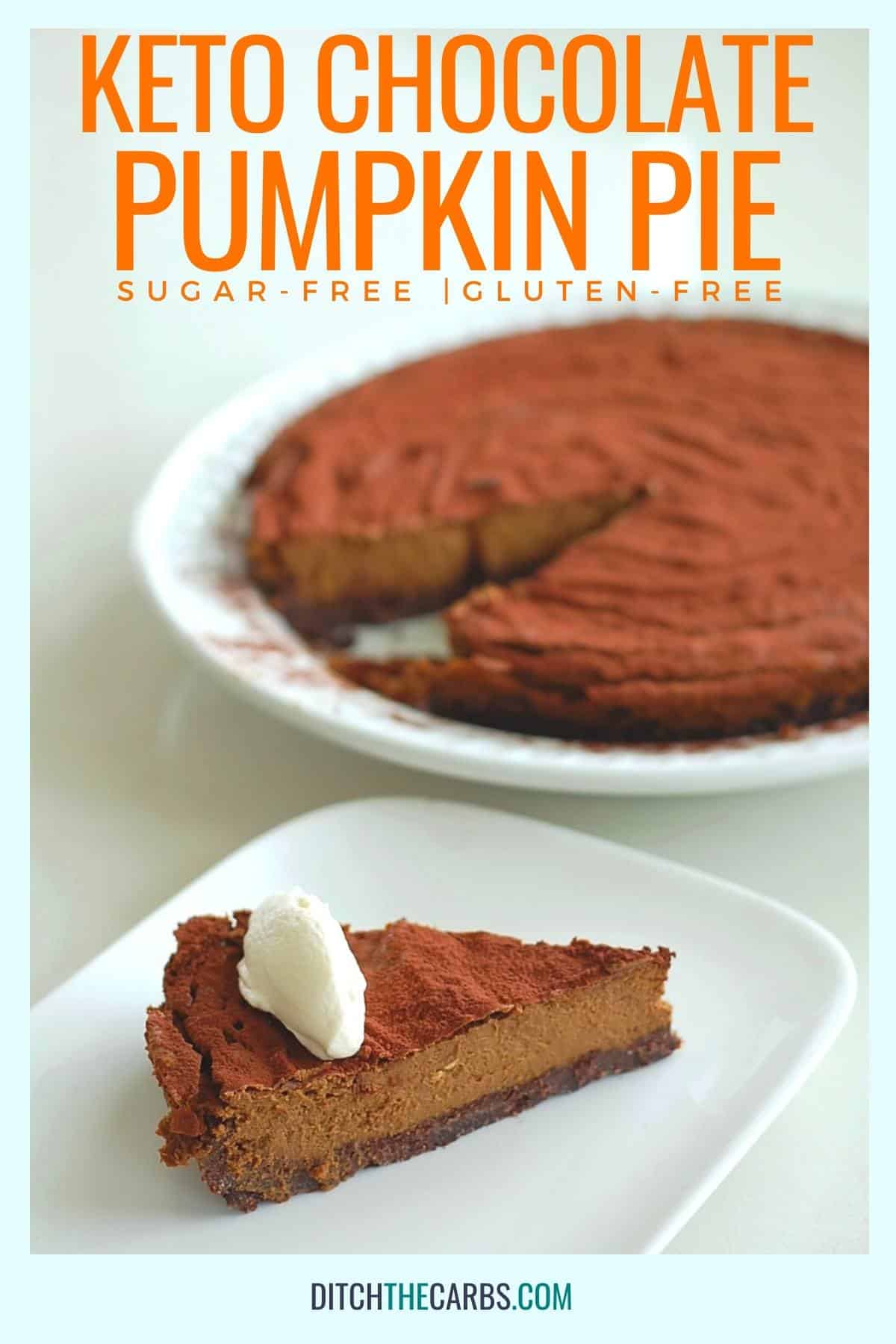 Slice of chocolate pumpkin pie with an antique silver fork and spoon