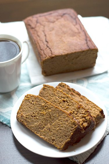 Coconut flour pumpkin bread sliced with a cup of black coffee