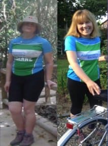 A woman who has lost weight and now riding on a bicycle