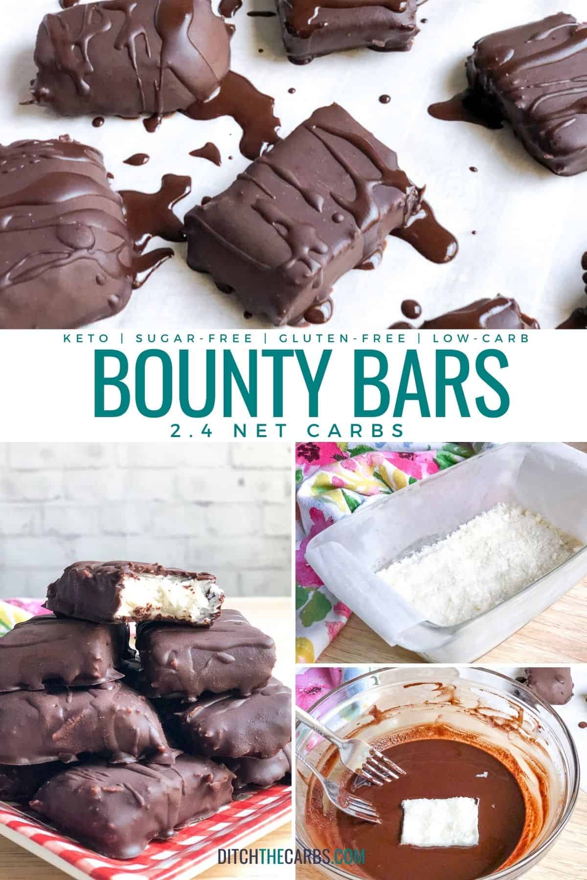 collage of how to make chocolate coated keto bounty bars