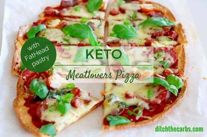 Keto meatlovers pizza with FatHead pastry is the most delicious pizza I have ever made. Low carb, grain free keto pizza heaven. | ditchthecarbs.com
