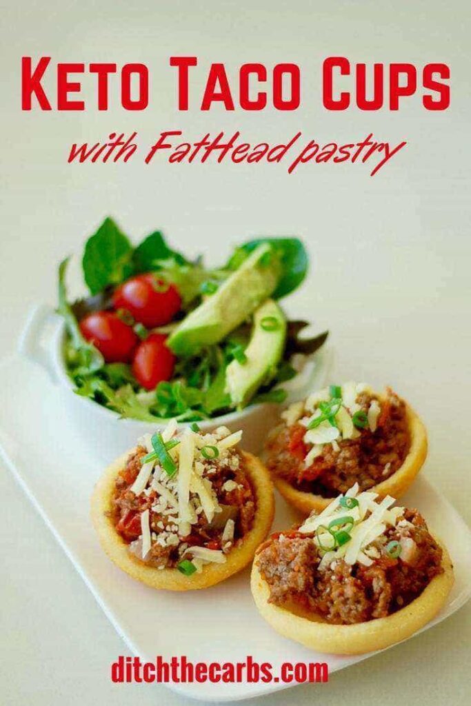 Keto taco cups served with chilli beef and avocado