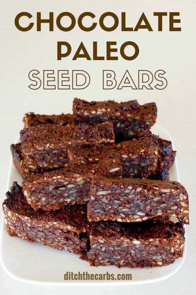 Sugar free chocolate paleo seed bars on a plate