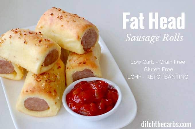 Fat Head sausage rolls  served on a white plate with sauce