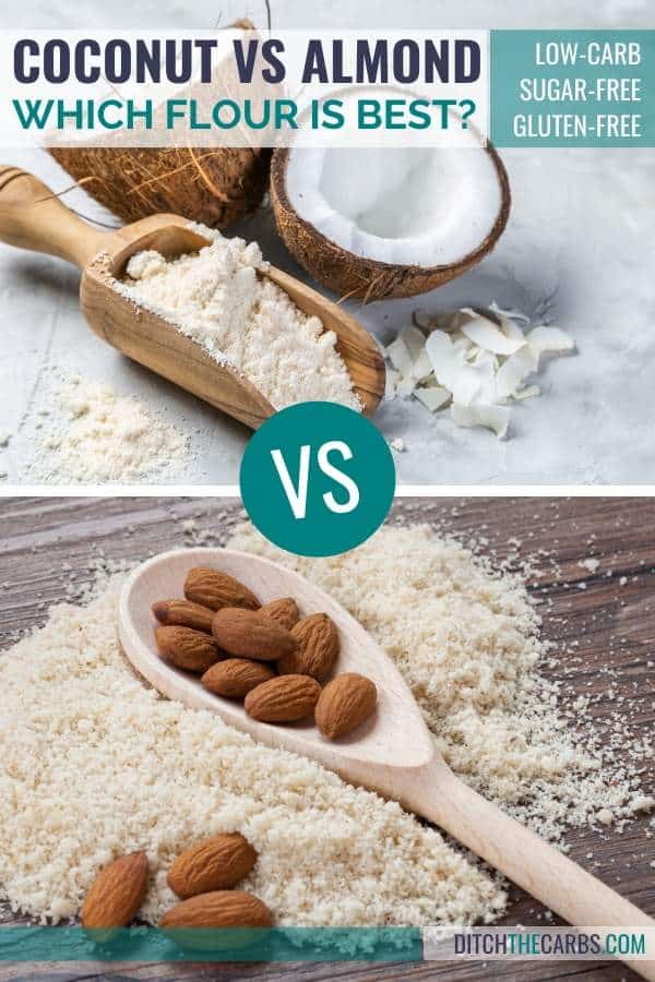 Coconut flour vs almond flour collage of flours on a dark background