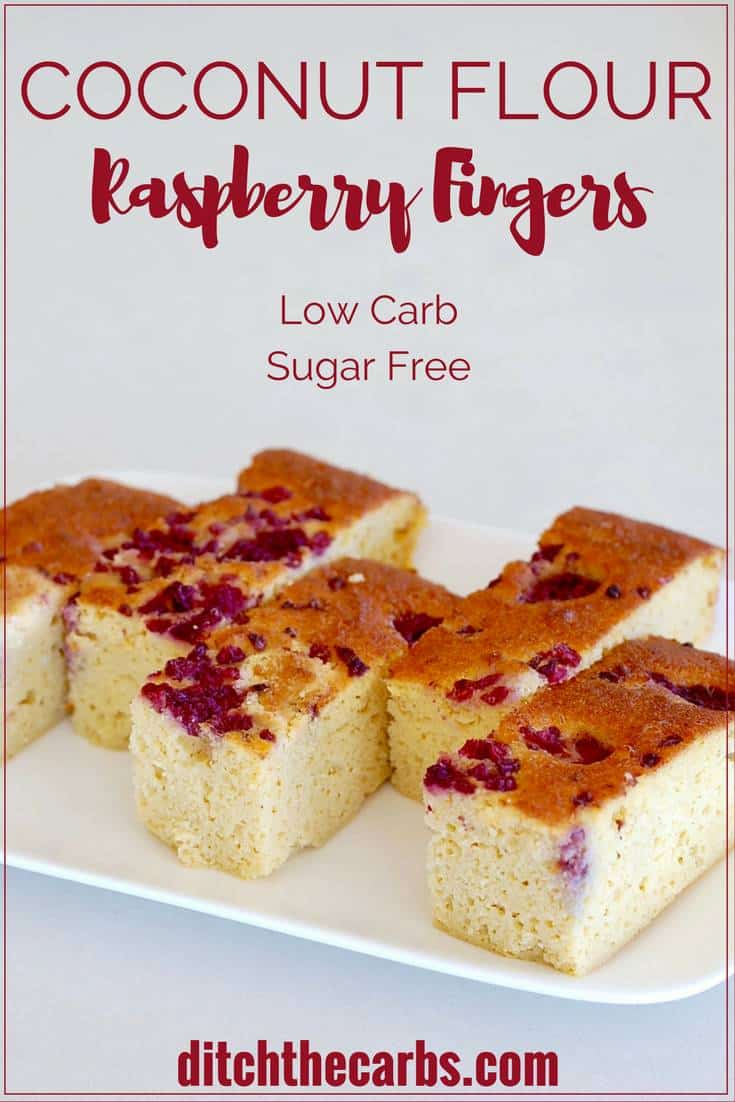 Beautiful sugar-free coconut flour raspberry fingers. Light and tasty, gluten free heaven without the carbs or sugar. | ditchthecarbs.com