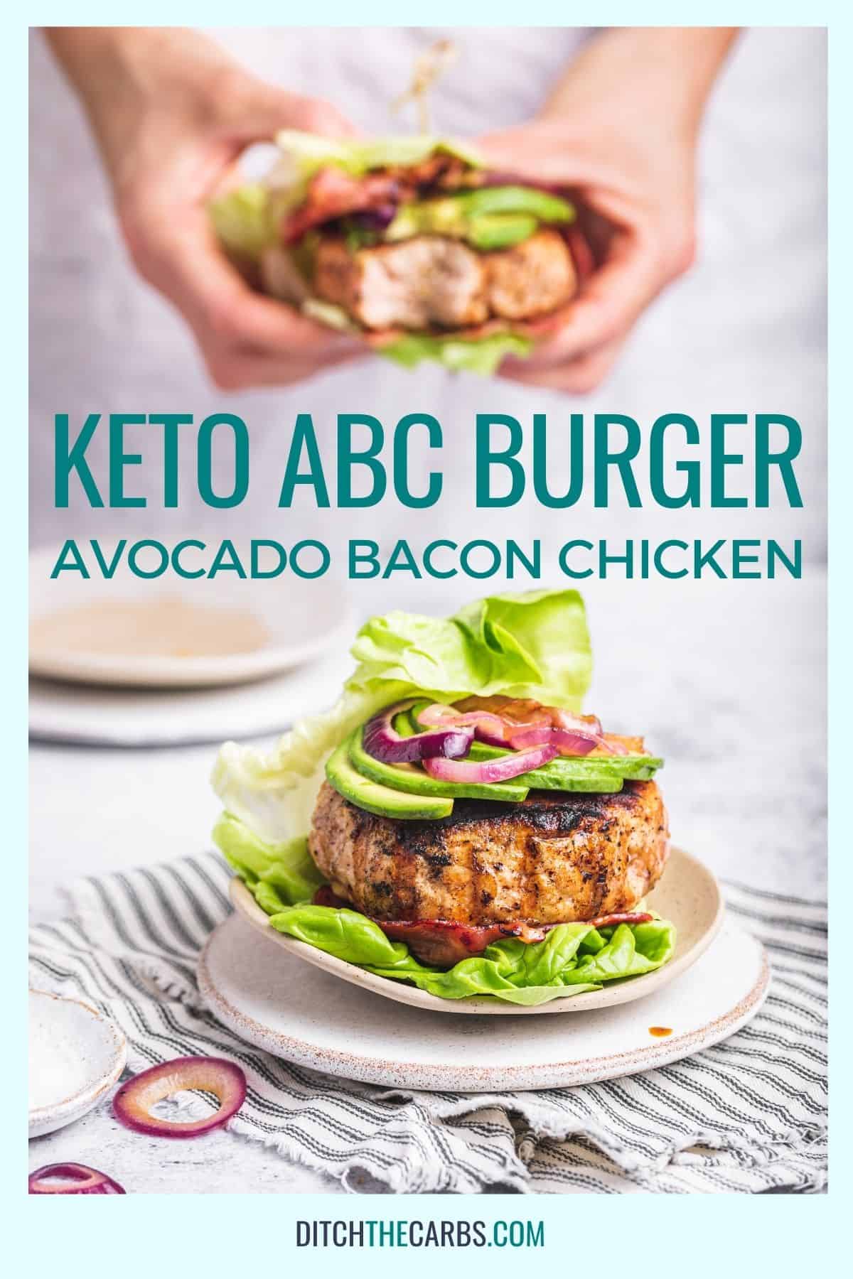 keto avocado, bacon and chicken burger on a white plate