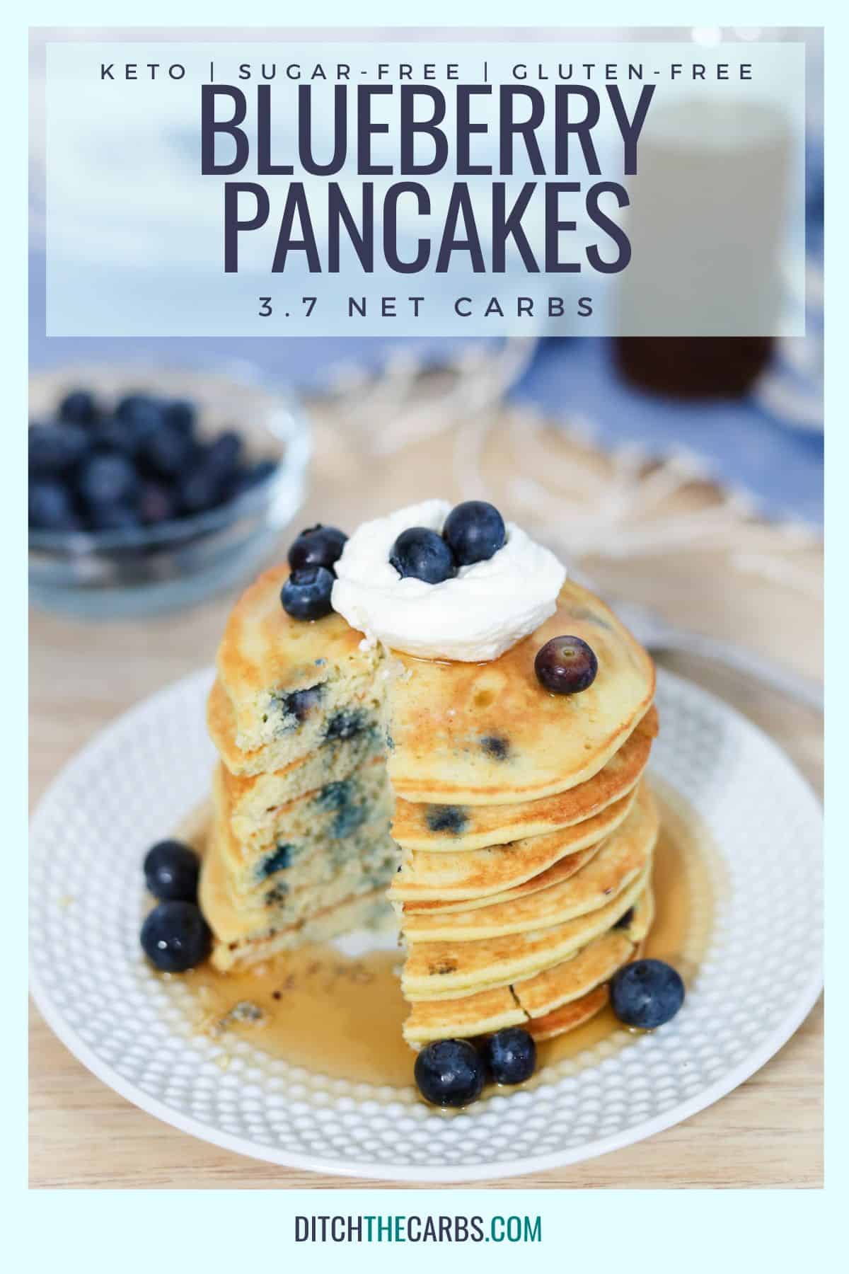 a stack of keto blueberry pancakes drizzled with maple syrup