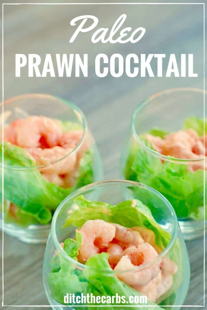Paleo prawn cocktail served with lettuce in clear tumblers as a beautiful low-carb and keto snack.