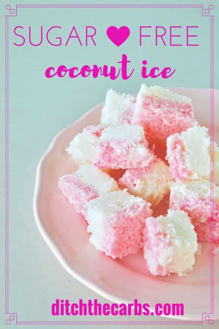 Finally an easy recipe for sugar free coconut ice. Raspberry flavoured and perfect for parties. | ditchthecarbs.com