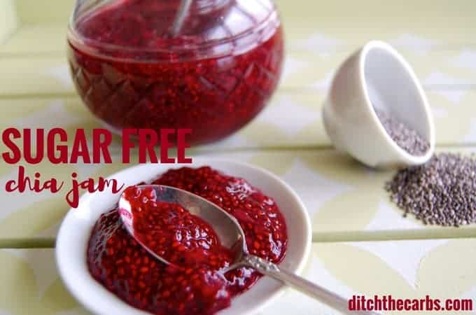 Super easy recipe for sugar free chia jam. Use on low carb bread, on cakes, on cookies or inside a mug cake. | ditchthecarbs.com