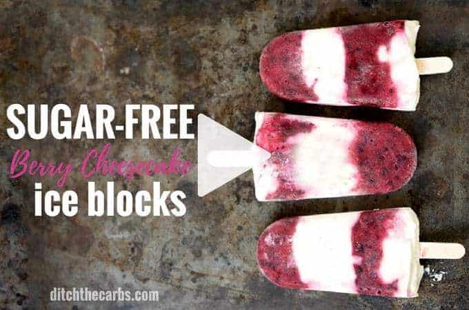 Check out this easy recipe for sugar free berry cheesecake ice blocks (popsicles). Perfect for a healthy summer snack. | ditchthecarbs.com
