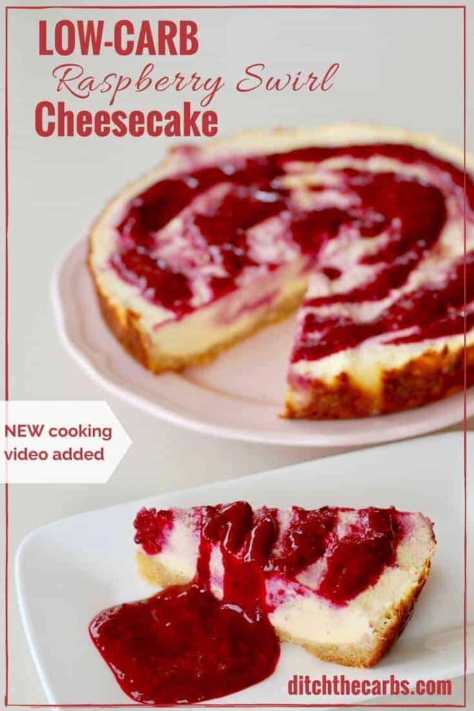 cheesecake sliced and with berry sauce on a white plate