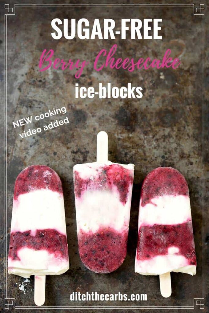 sugar-free berry cheesecake popsicles on a serving tray