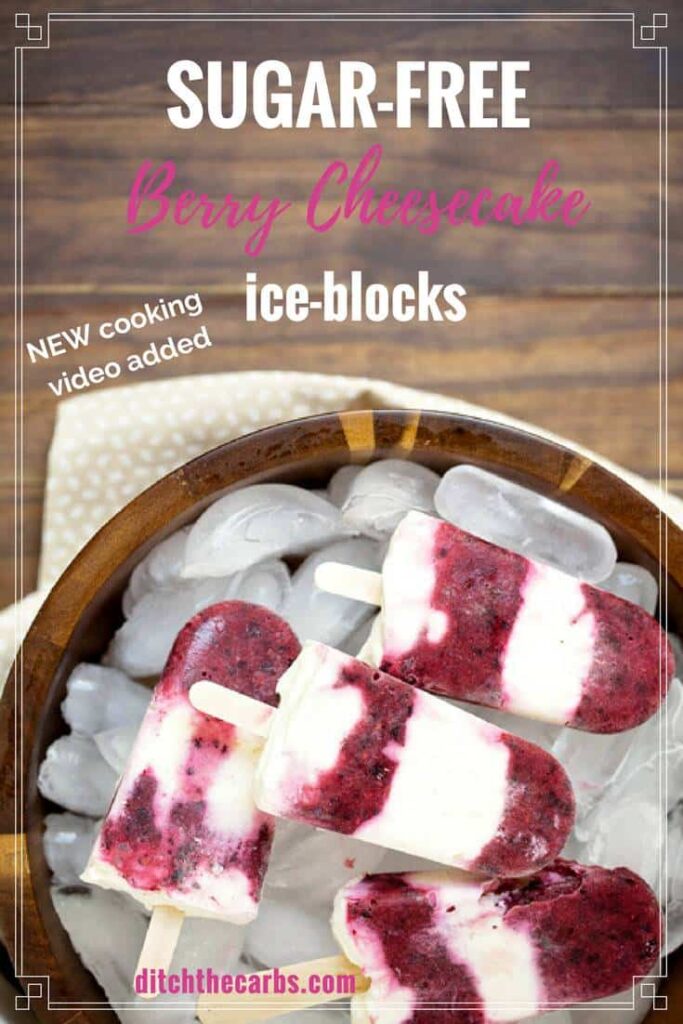 Check out this easy recipe for sugar free berry cheesecake ice blocks (popsicles). Perfect of ra healthy summer snack. | ditchthecarbs.com