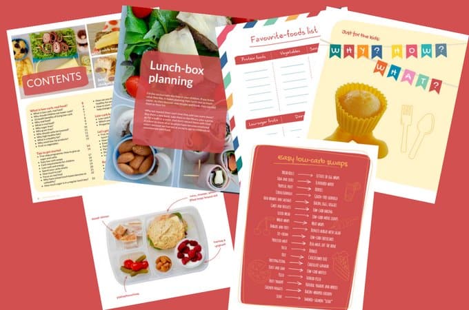 Mockups of pages from low-carb lunch box cookbook