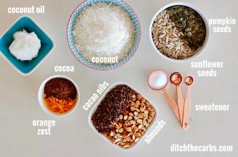 Grain free granola ingredients in mixing bowls
