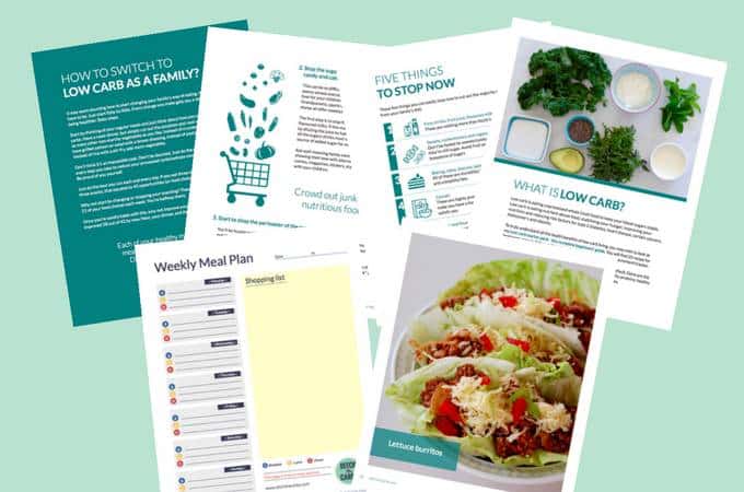 pages from the How to be a low carb family cookbook on a green background